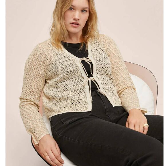 MANGO MNG Lurex Knitted Cardigan Sweater Women Plus 3XL Cream Gold Tie front - Picture 1 of 14